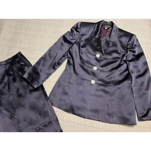 VTG Kelly Graham Navy Blue Satin Woman's Blazer Pants With Rhinestone Buttons 14